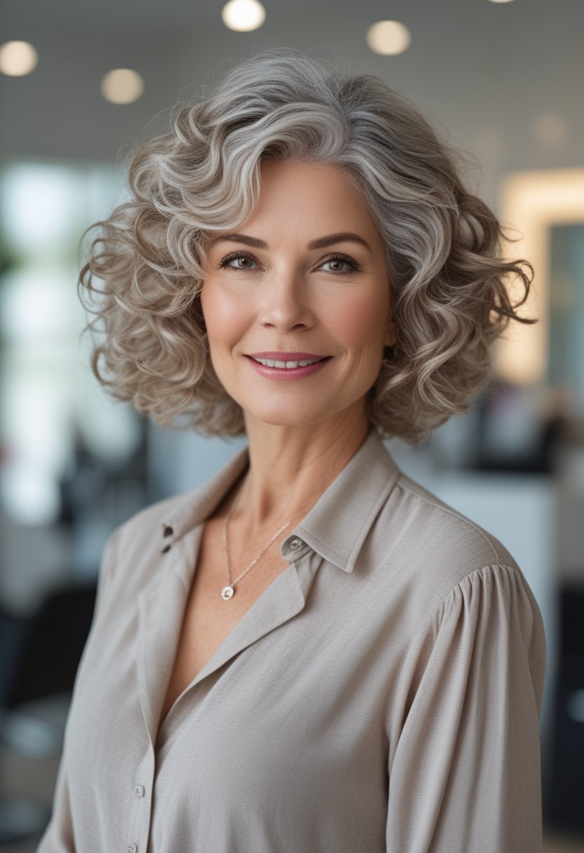 A mature woman with rounded curly hair poses in a bright salon.