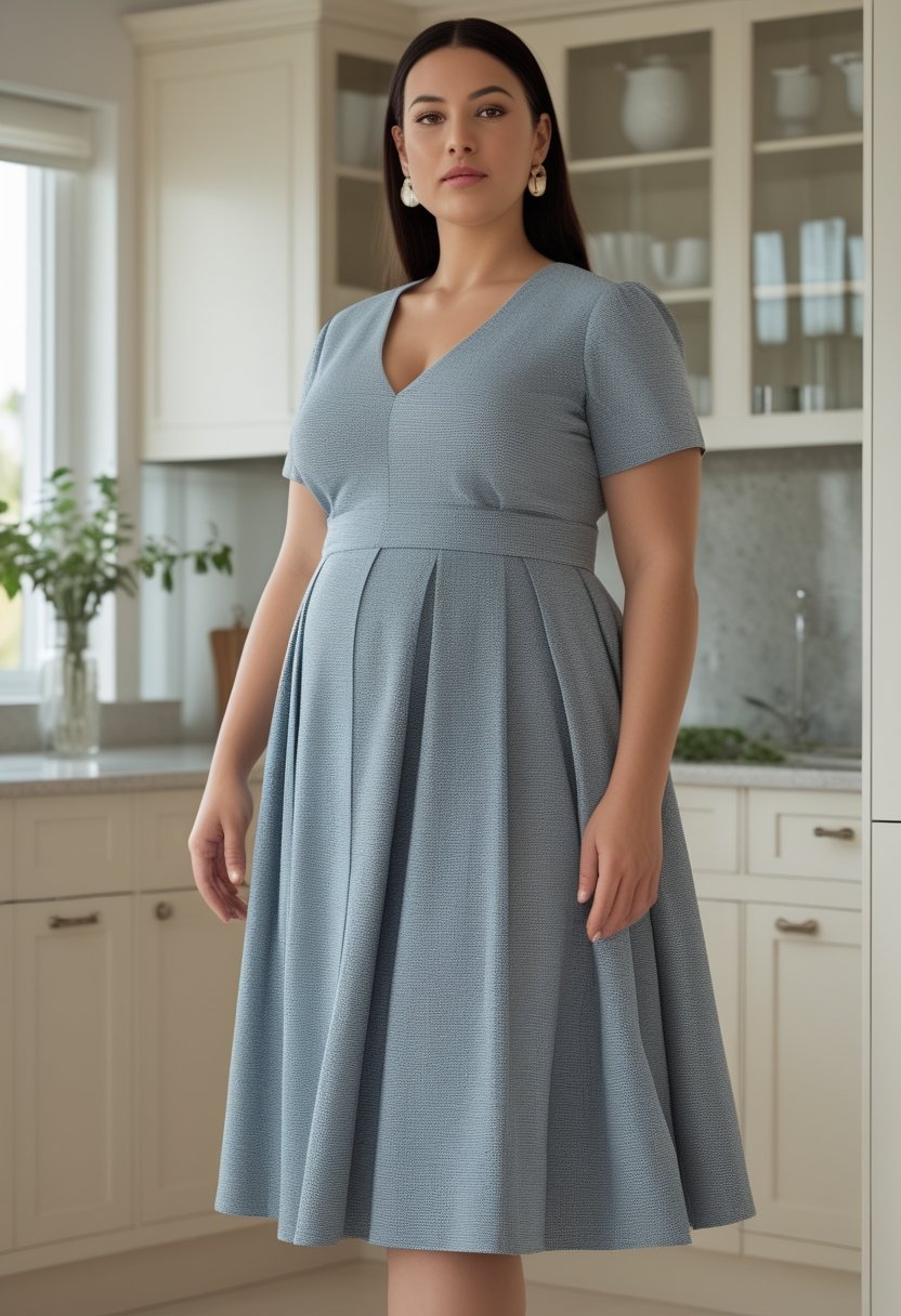A plus-size woman wearing a V-neck A-line midi dress stands in a bright kitchen.