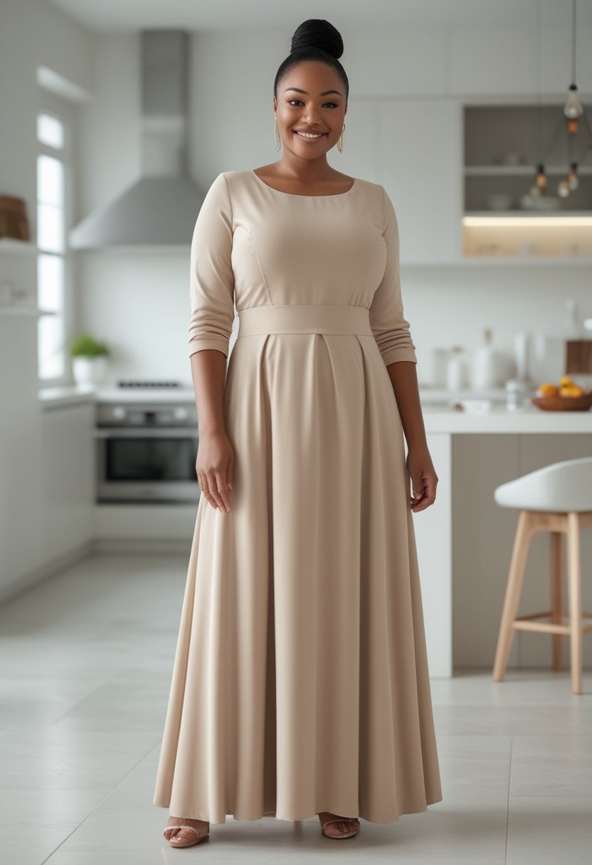 A plus-size woman wearing a flowing empire-waist maxi dress in a bright kitchen.