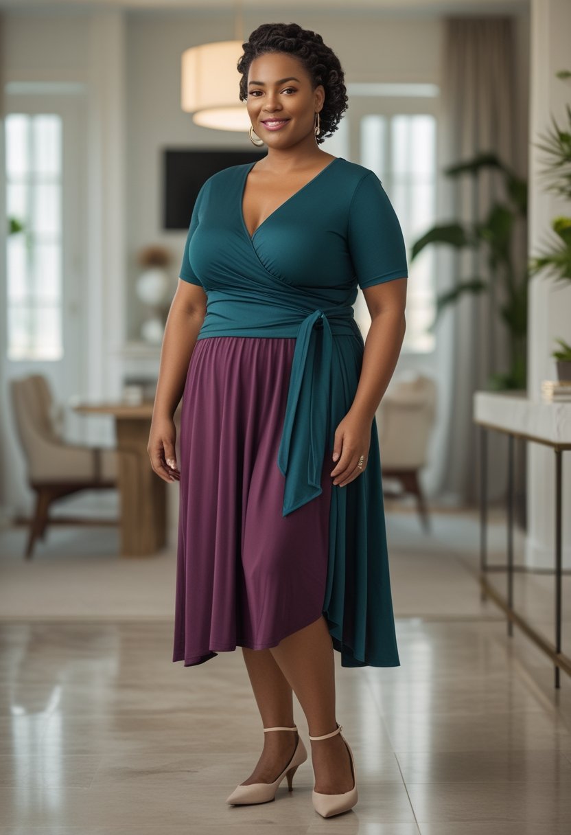A plus-size woman wearing a soft jersey wrap dress stands in a bright home interior.