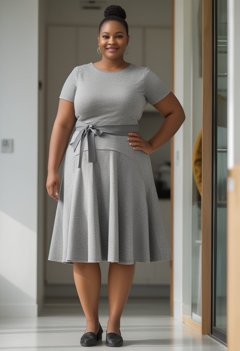 A plus-size woman wearing a fit-and-flare knit dress with an apron in a bright kitchen.