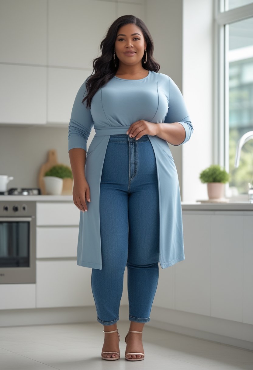 A plus-size woman wearing high-rise straight-leg jeans and a longline tunic in a bright kitchen.