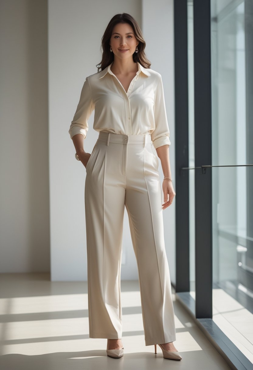 A confident plus-size woman wearing wide-leg trousers and a tucked-in draped blouse in a bright indoor setting.