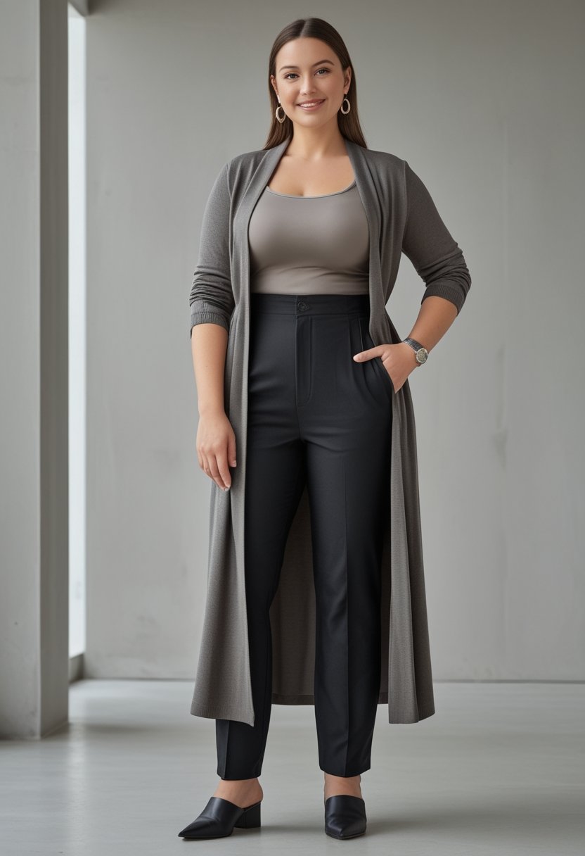 A plus-size woman wears a monochrome outfit with a long structured cardigan in a bright modern interior.