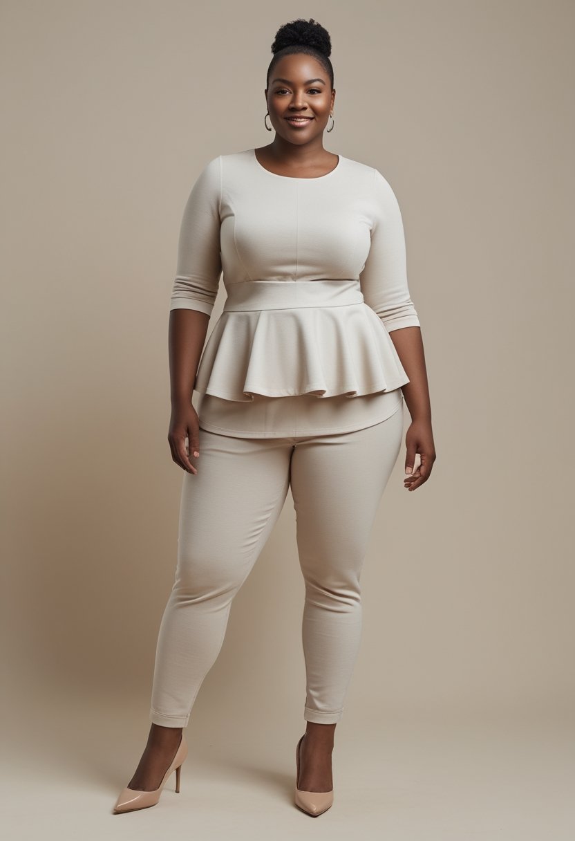 A plus-size woman wearing a peplum top and ankle-length pants in a bright studio.