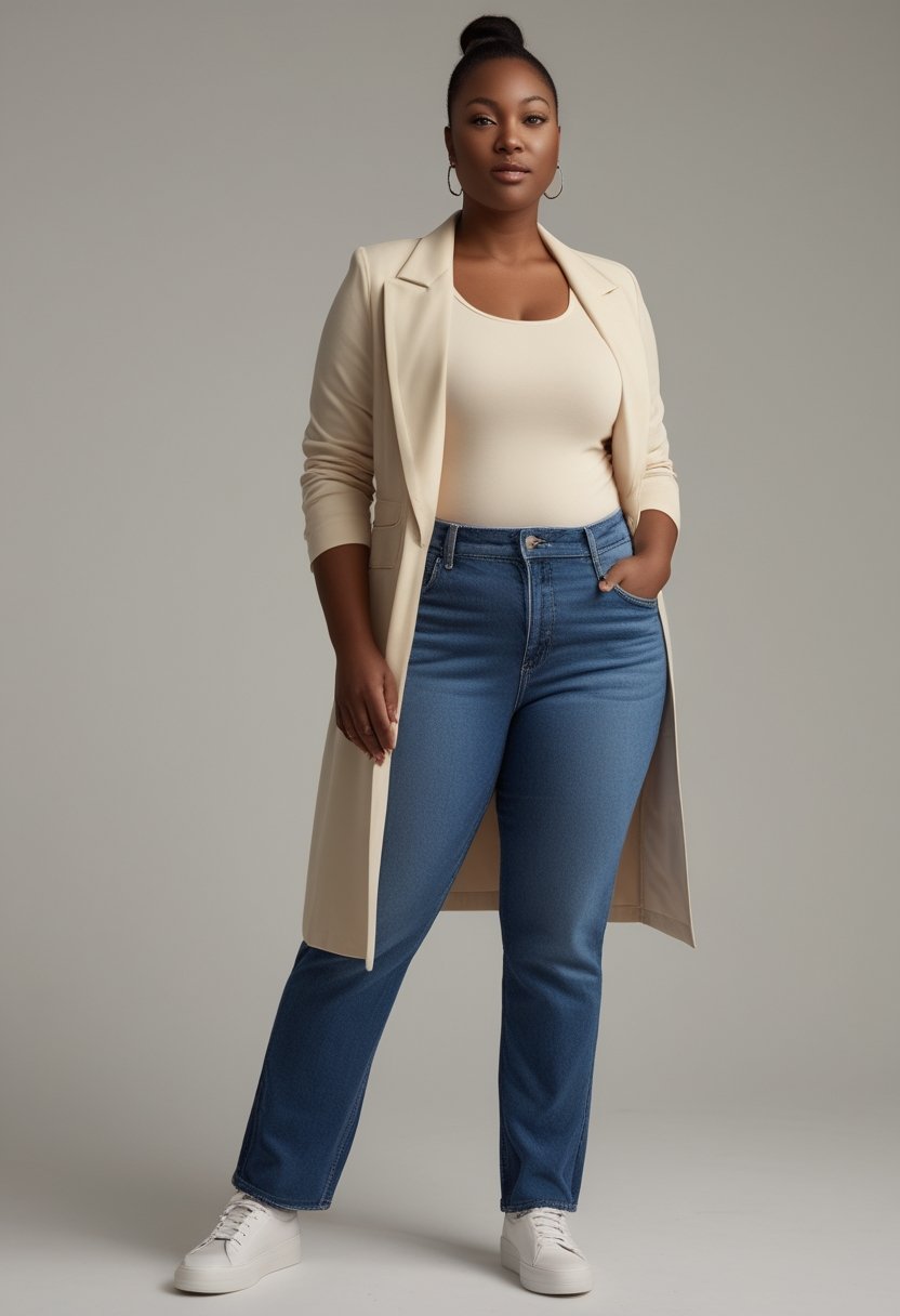 A plus-size woman wearing an open longline blazer, scoop-neck top, and blue jeans.