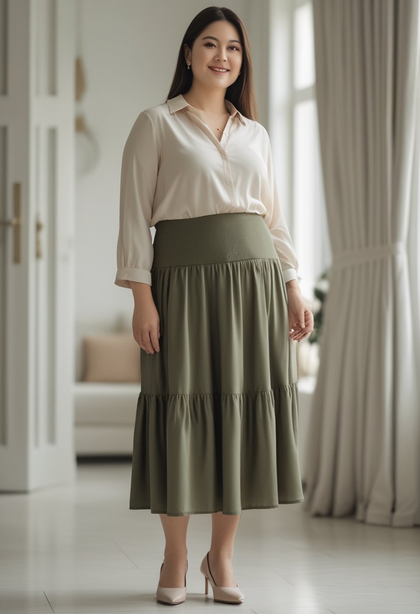 A plus-size woman wearing a tiered midi skirt and flowing blouse stands confidently in a bright interior.
