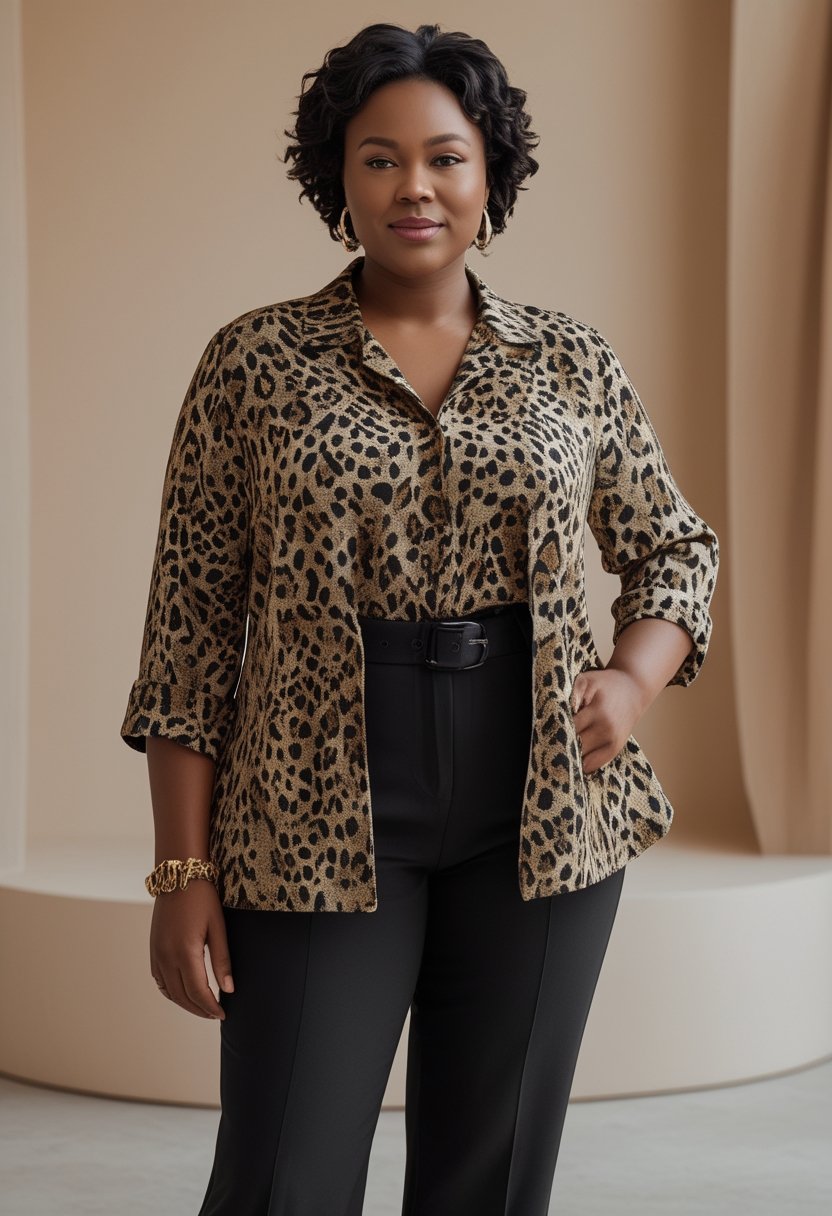 A plus-size woman poses confidently in a leopard-print blouse, black trousers, and neutral accessories.