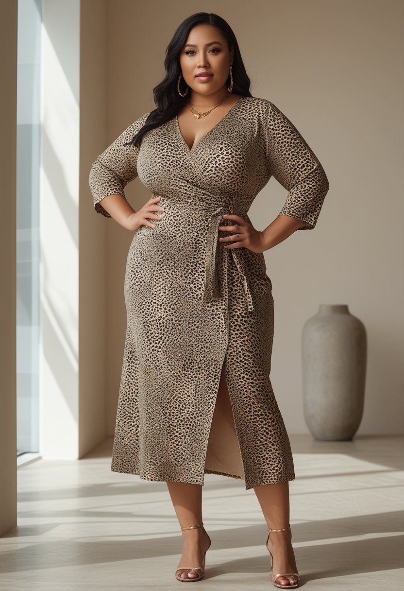 A plus-size woman wearing a leopard-print wrap dress poses in a bright studio.
