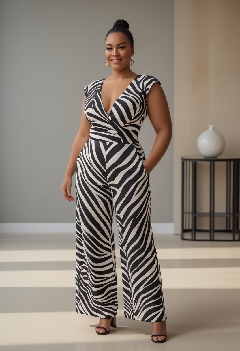 A plus-size woman wearing a zebra-print wide-leg jumpsuit stands in a bright studio.