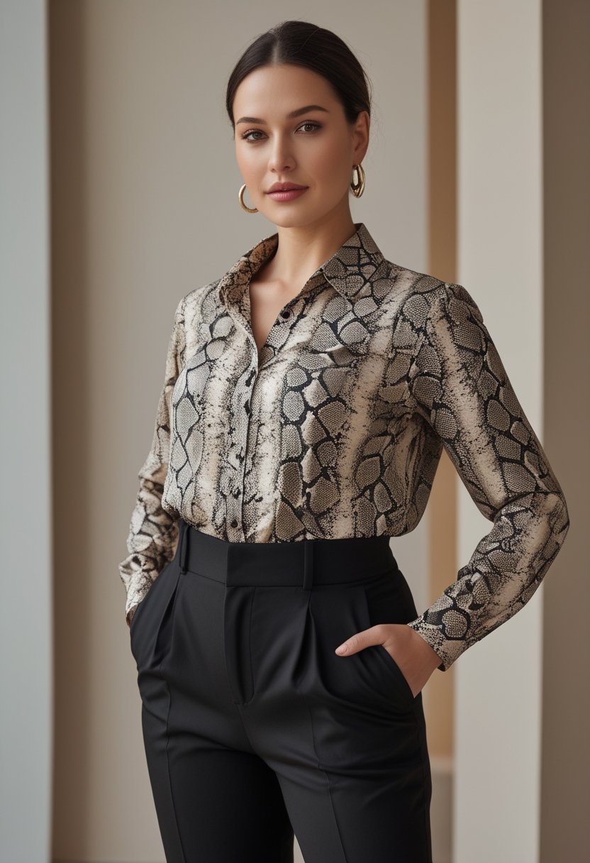 A plus-size woman wearing a snake-print button-down blouse and black trousers in a neutral studio.