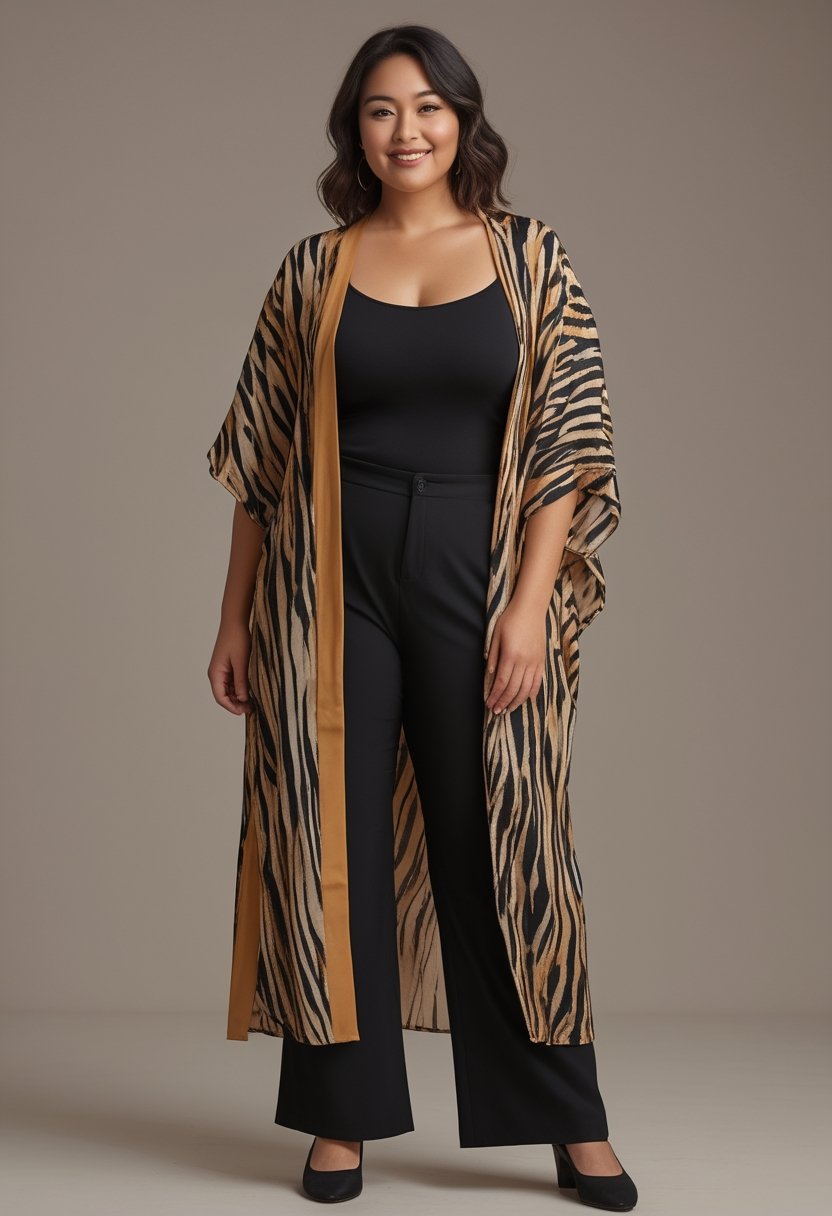 A plus-size woman wears a tiger-print kimono over a black camisole in a neutral studio.