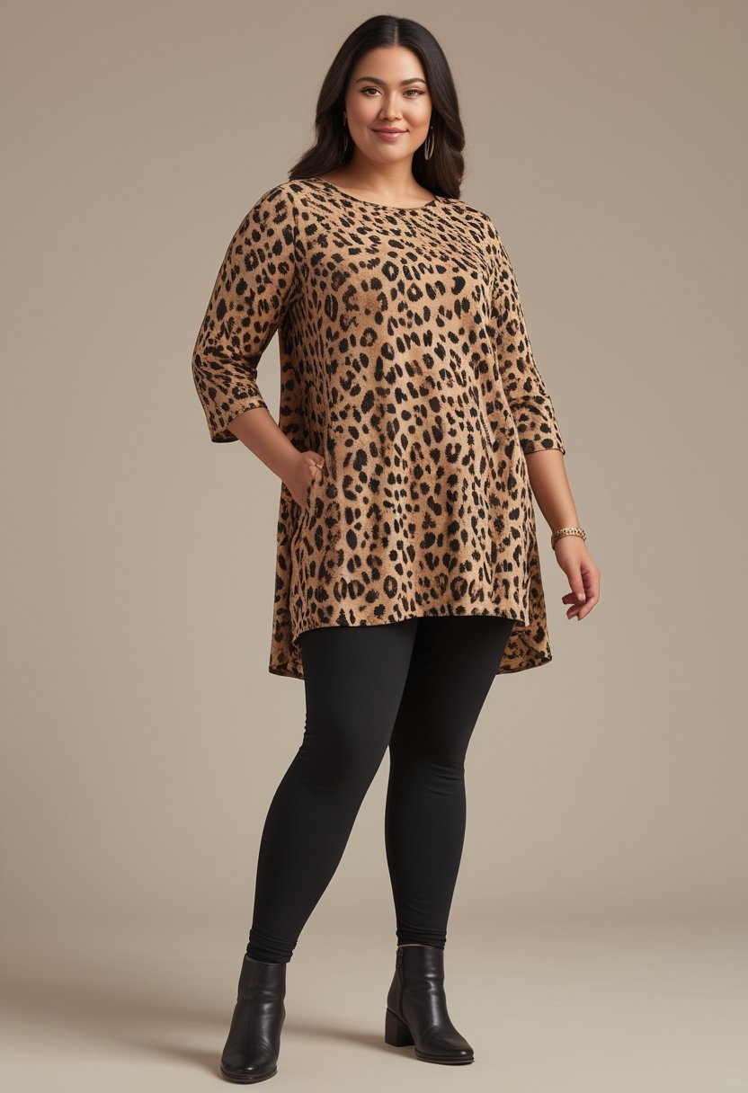 A plus-size woman wears a matching cheetah-print tunic and leggings in a bright studio.