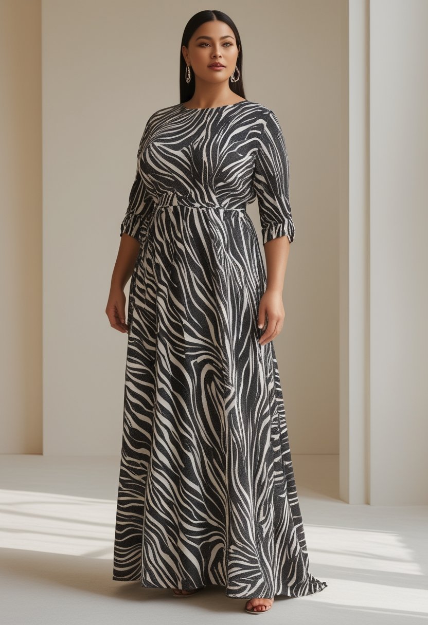 A plus-size woman wearing a zebra-print maxi dress stands in a bright studio.