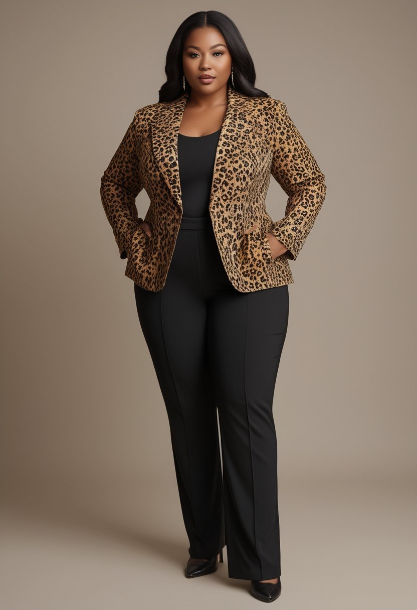 A plus-size woman wears a leopard-print blazer with black trousers in a bright studio.