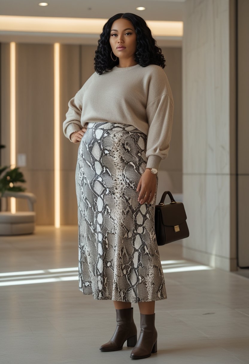 A plus-size woman wearing a snake-print midi skirt and knit sweater stands in a bright modern room.