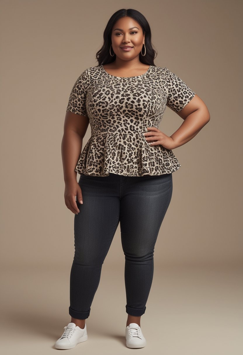 A plus-size woman wearing an animal-print peplum top and dark jeans poses in a bright neutral setting.