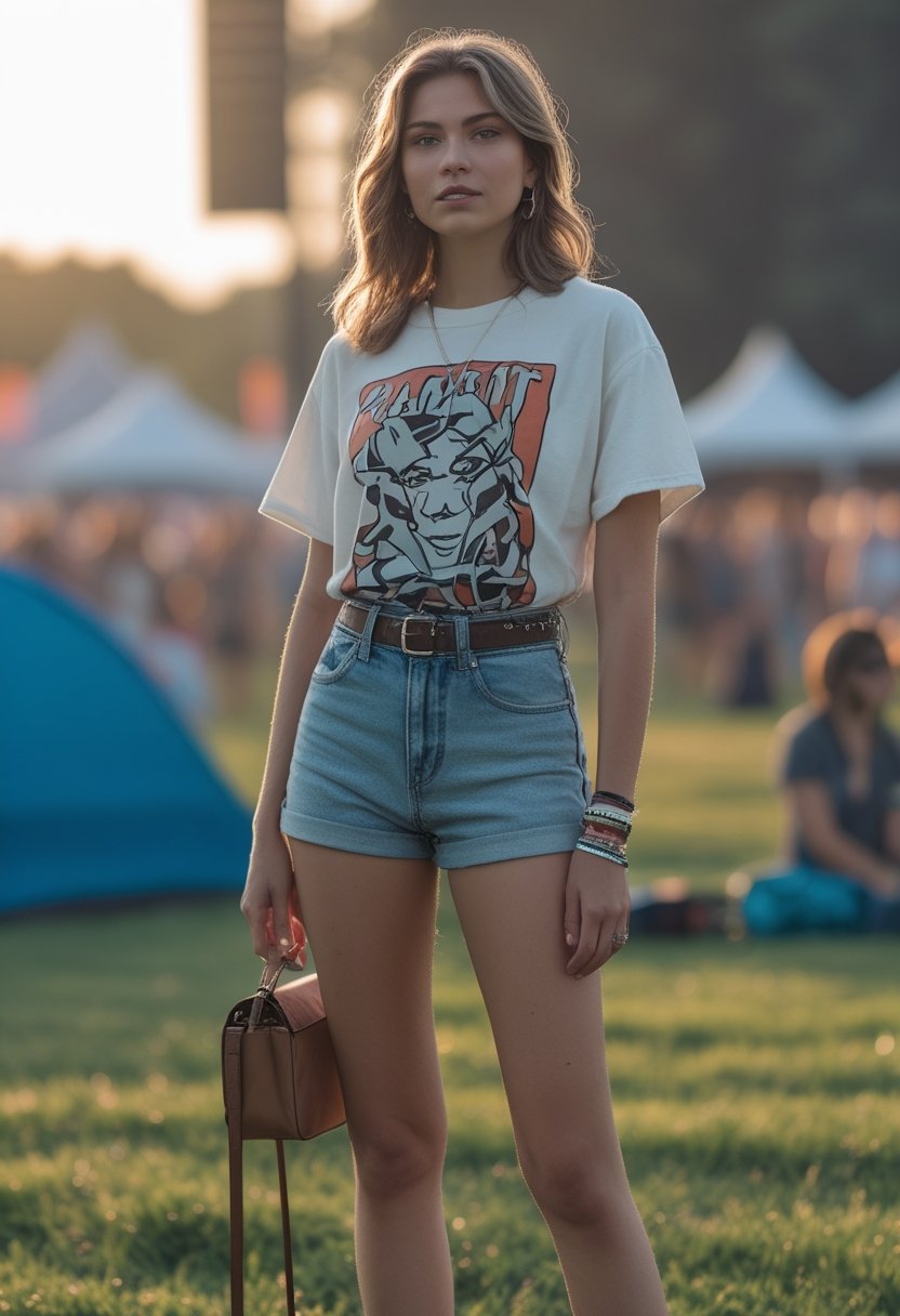 A young woman in a graphic T-shirt and high-waisted denim shorts stands at an outdoor music festival.