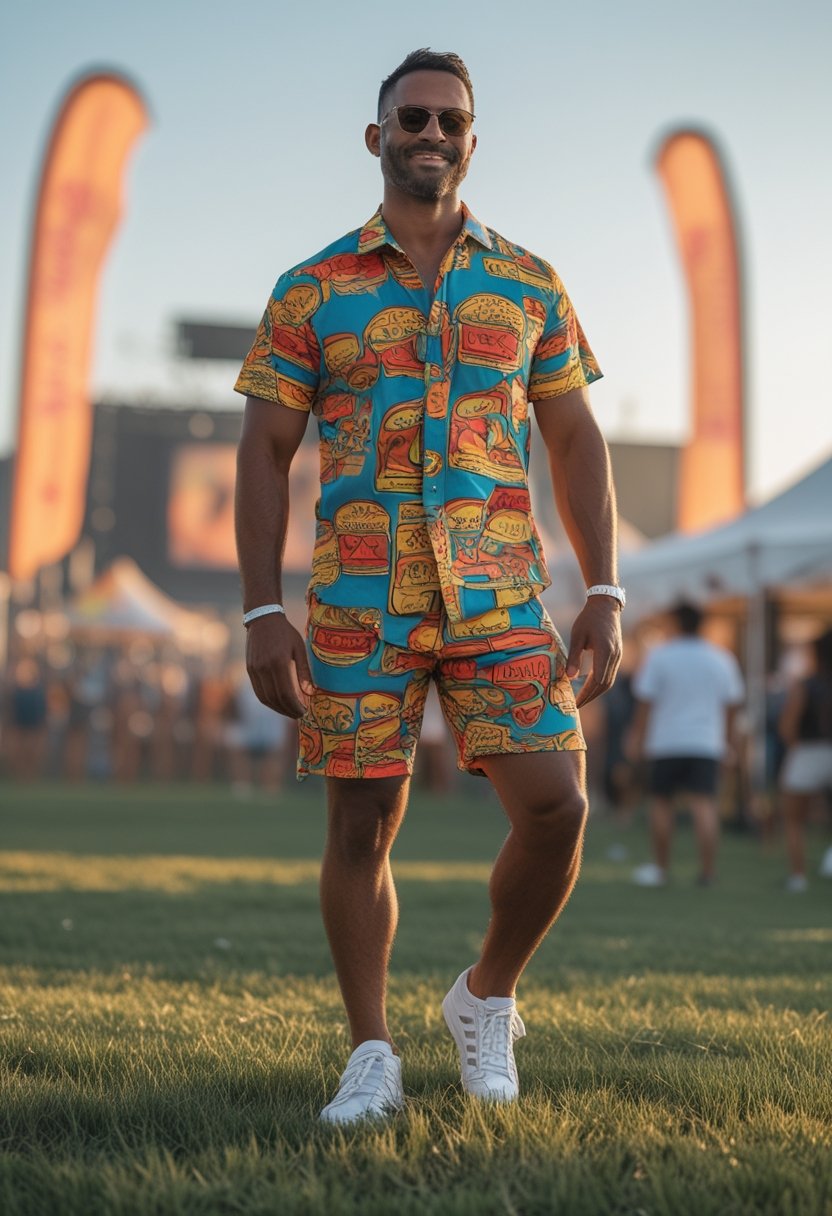 A man wearing a colorful matching shirt and shorts stands at an outdoor music festival.