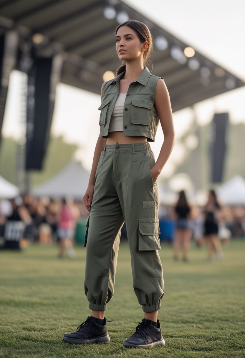 Adult festival-goer wearing a cropped utility vest and cargo pants outdoors at a music festival.