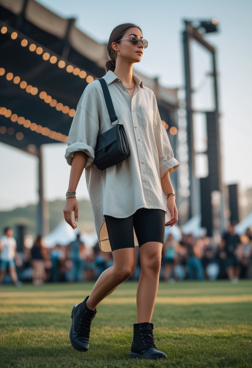 A person wearing an oversized button-down shirt over black biker shorts at an outdoor music festival.