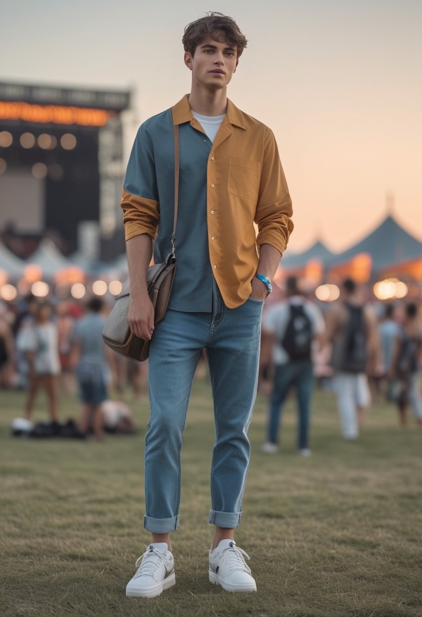 A young adult in a retro bowling shirt and relaxed-fit jeans stands at an outdoor music festival.