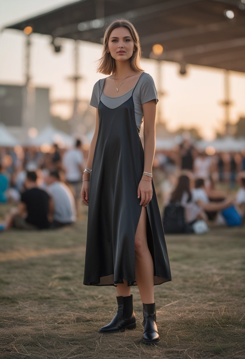 A woman wearing a black slip dress over a fitted tee stands at an outdoor music festival.