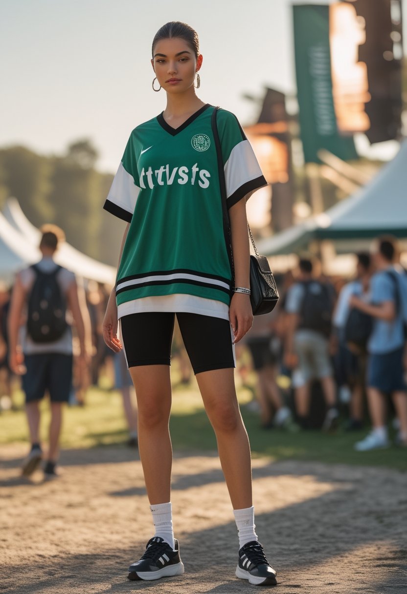 A young adult wearing an oversized football jersey over black cycling shorts at an outdoor music festival.