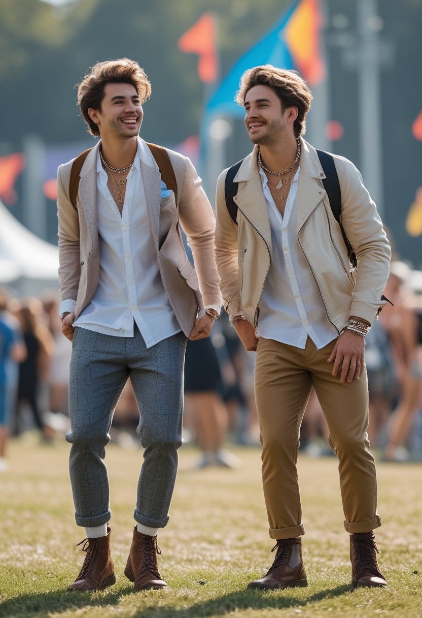 Two fashionable men stand nervously at an outdoor music festival.