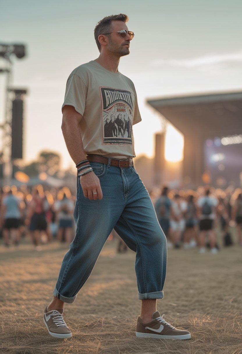 A man wearing a vintage band T-shirt and relaxed-fit denim jorts stands at an outdoor music festival.