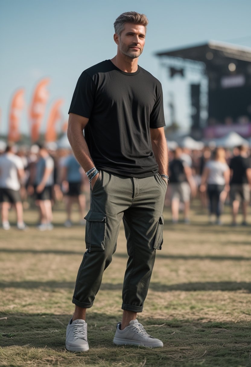 A man in a black T-shirt and cargo pants standing at an outdoor music festival.