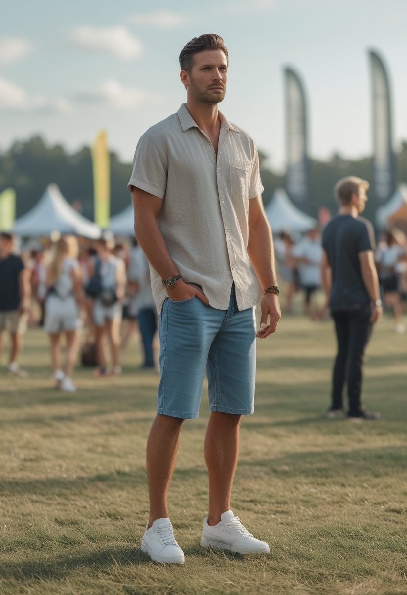 A man in a lightweight camp-collar shirt and denim shorts stands unsteadily at an outdoor festival.
