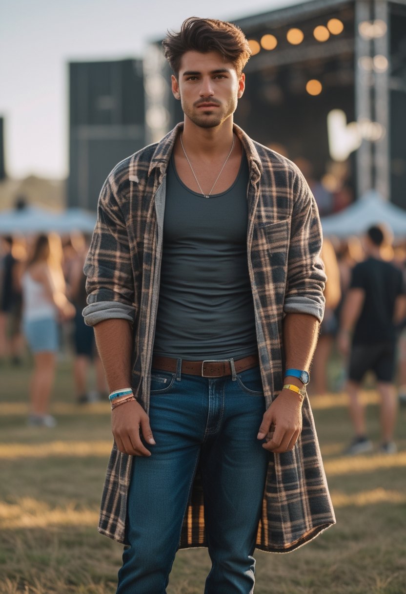 A man in an oversized plaid flannel shirt over a tank top stands at an outdoor music festival.