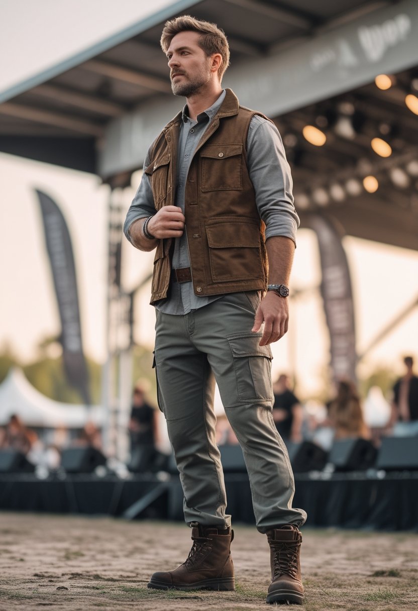 A man in a rugged vest and utility pants stands at an outdoor music festival with a slightly nervous posture.