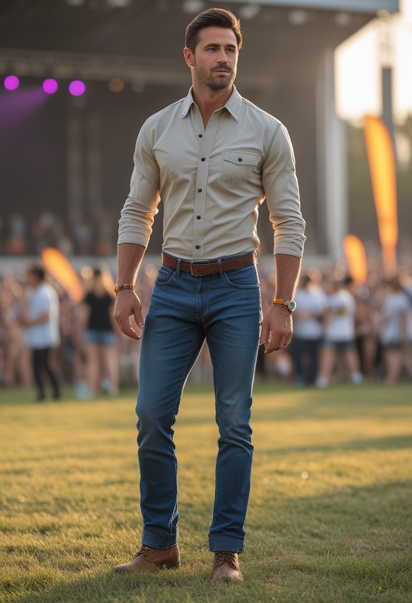 A man in a Western shirt and straight-leg jeans stands at an outdoor music festival.