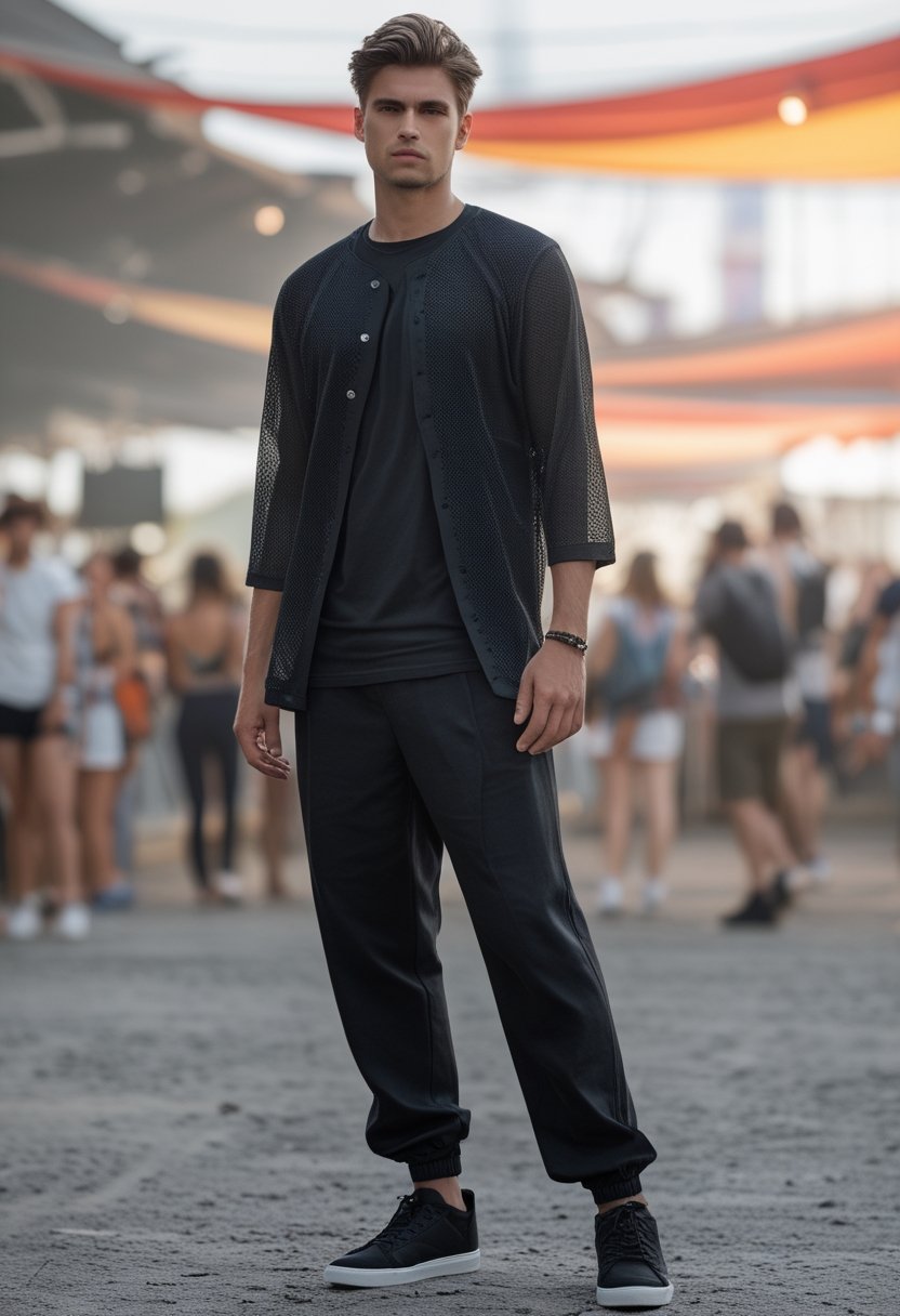 A man in a black mesh jersey and loose black trousers stands nervously at a busy outdoor festival.