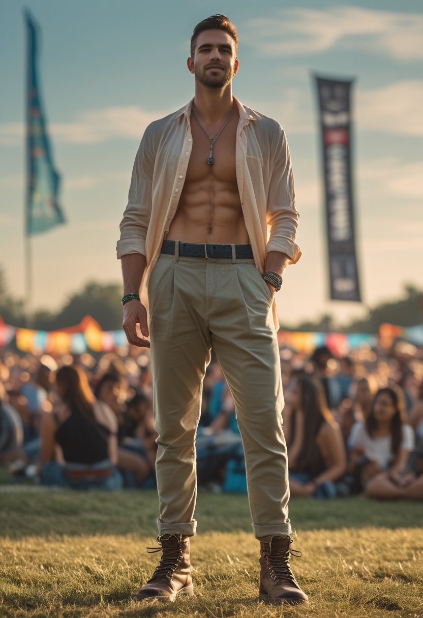 A stylish man in a tank top and open shirt stands nervously at an outdoor music festival.