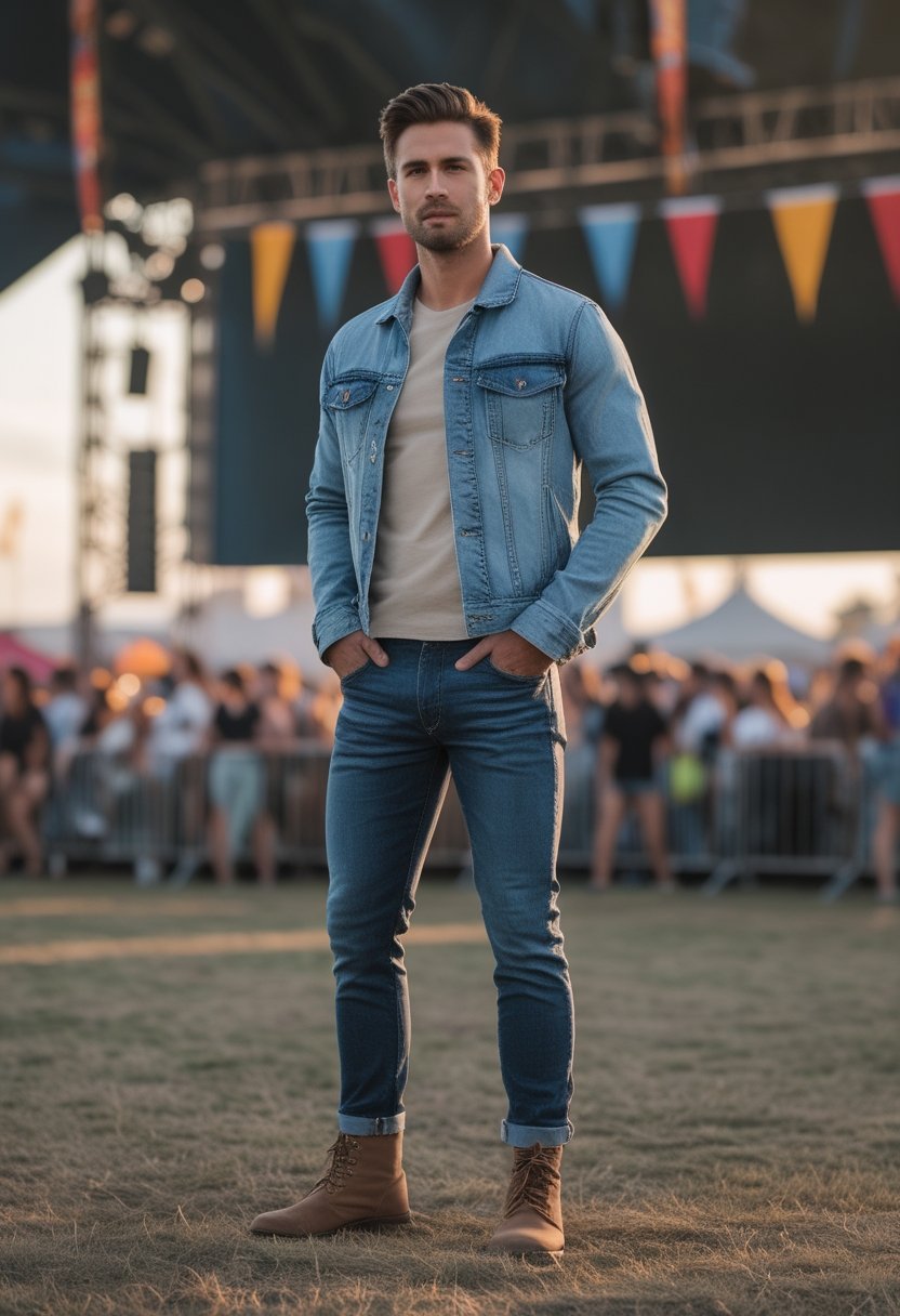 A man in a light denim jacket and dark jeans stands at an outdoor music festival.