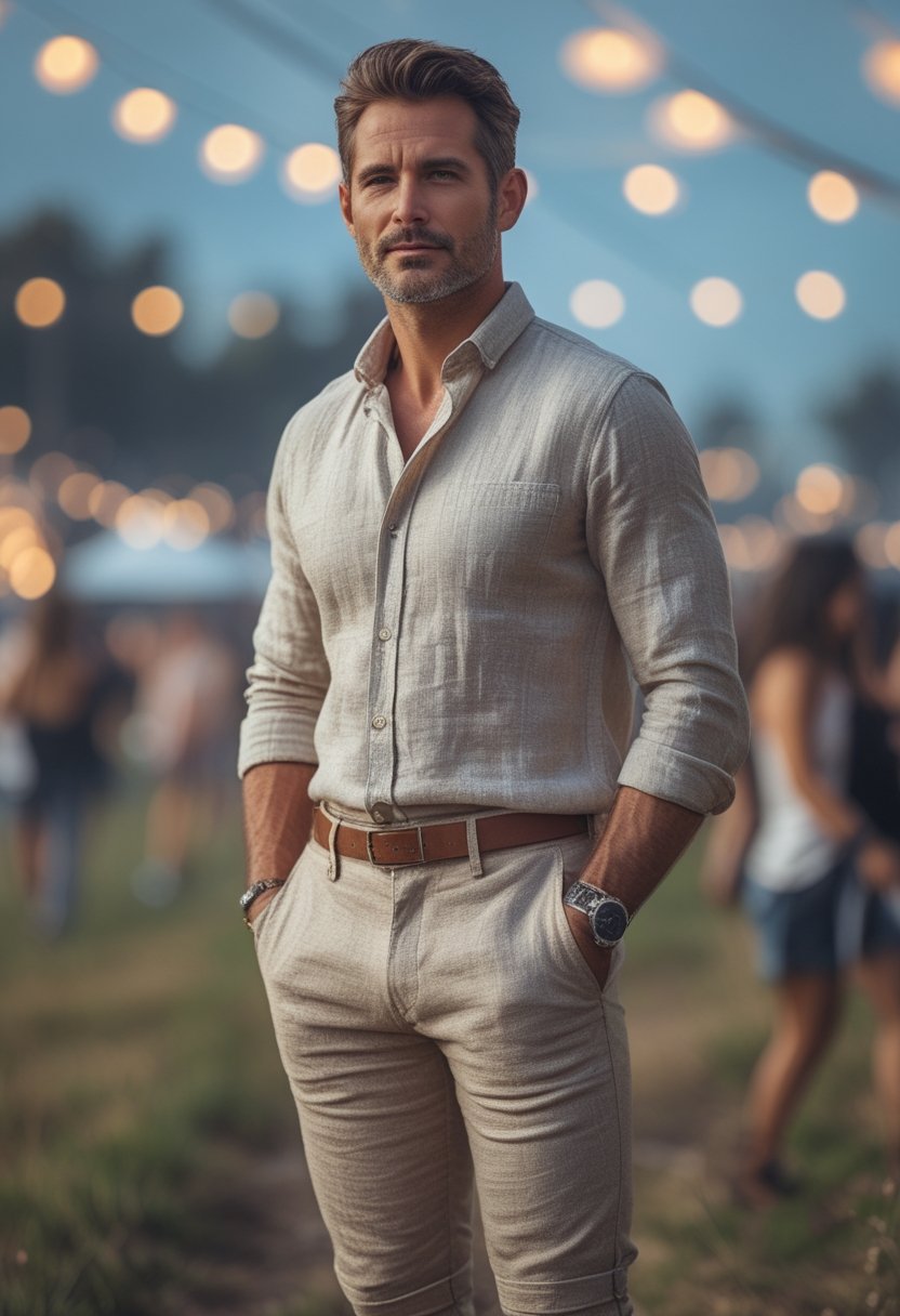 A man in a linen shirt and cuffed chinos stands at an outdoor music festival.