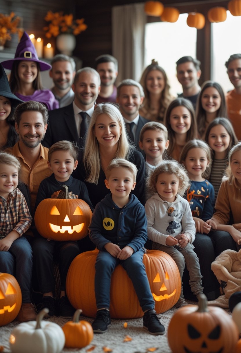 A diverse group of adults and children wearing colorful Halloween costumes at a festive party surrounded by pumpkins and autumn decorations.