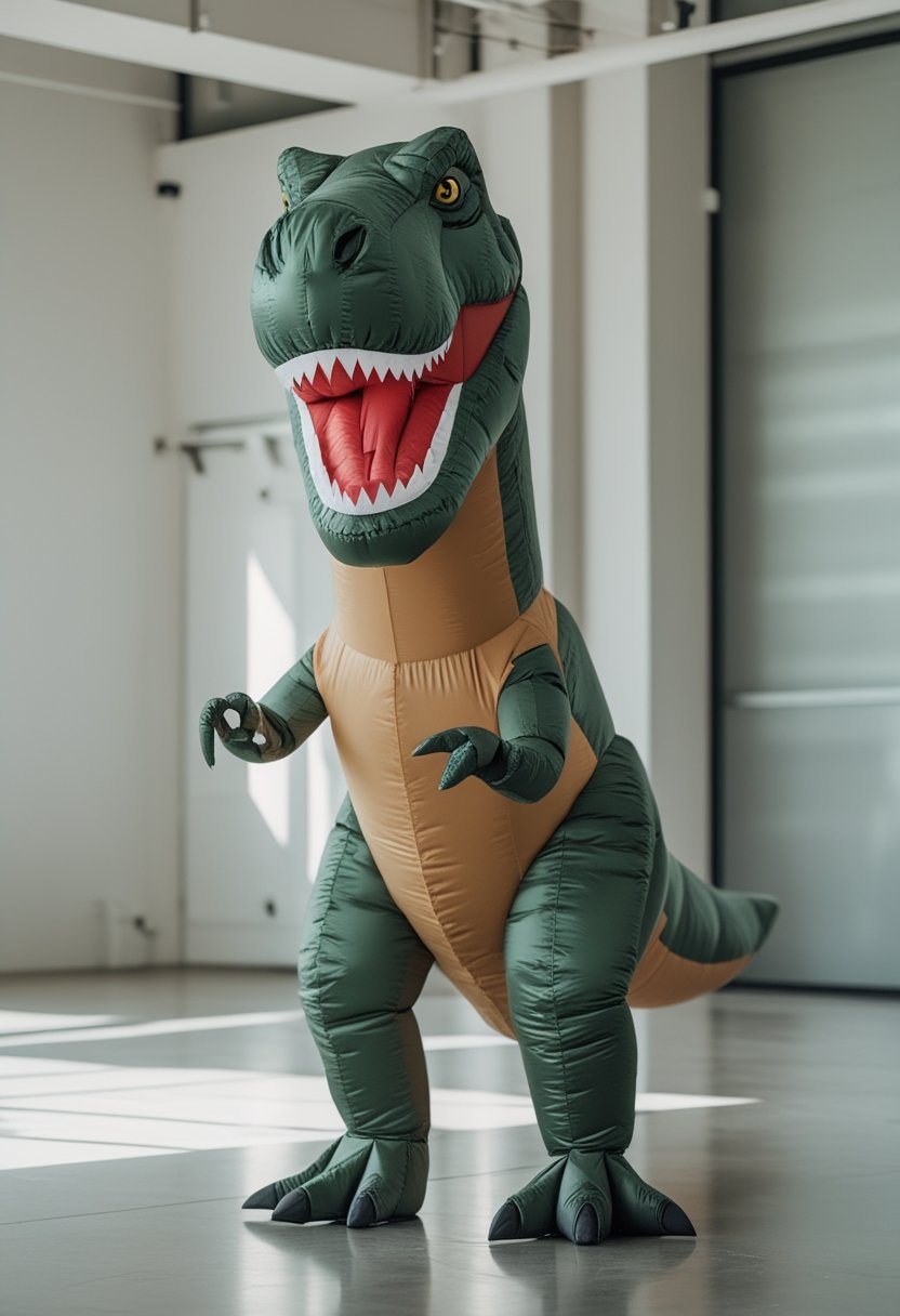 An adult wearing an inflatable Tyrannosaurus rex costume stands indoors.