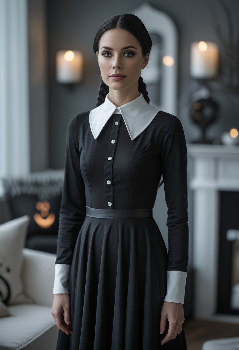 A woman in a black dress with a white collar and braided hair poses in a dimly lit Halloween setting.