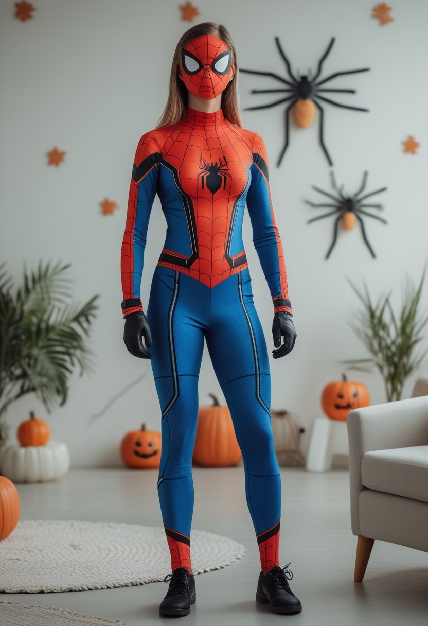 A person wearing a red and blue Spider-Man costume stands indoors among subtle Halloween decorations.