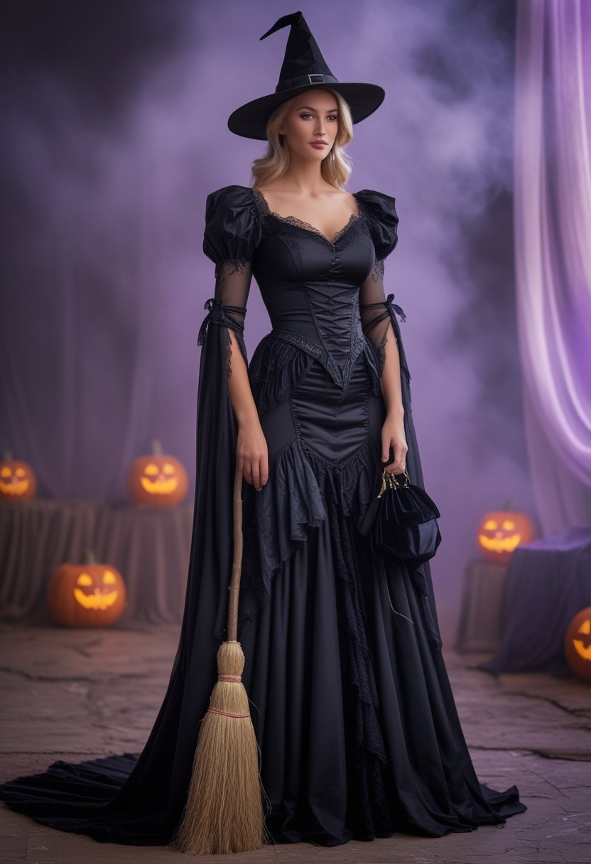 A woman wearing an elegant black witch costume and pointed hat stands beside a broom in a softly lit setting.