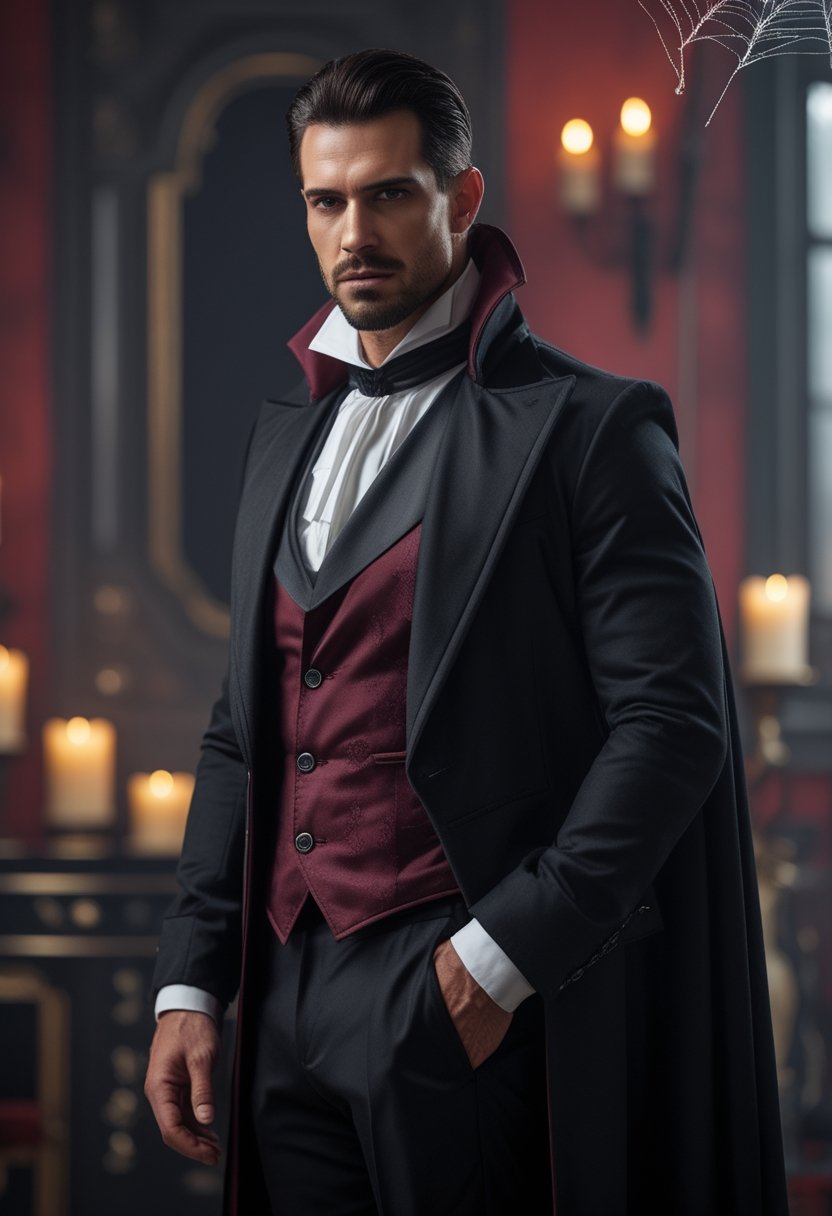 An adult wearing an elegant vampire costume stands in a dim gothic room.