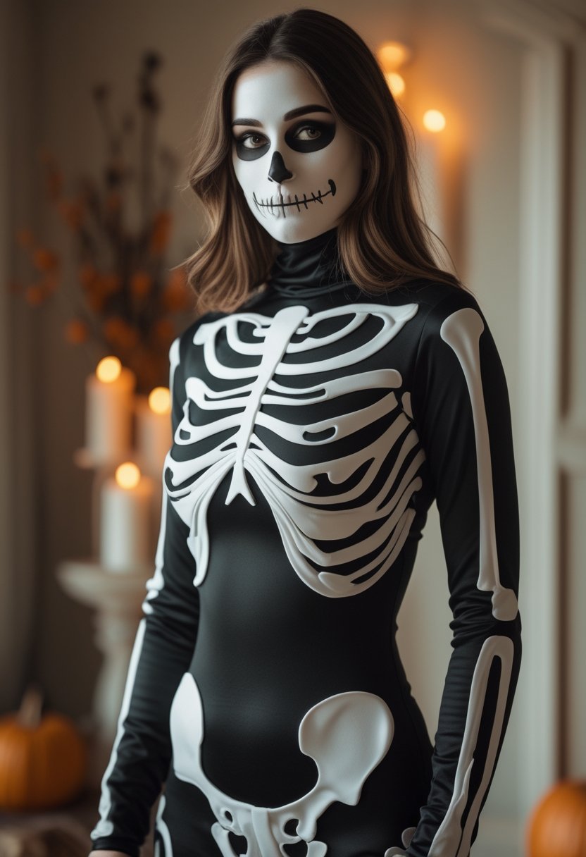 A person wearing a classic black skeleton costume stands among pumpkins and Halloween decorations.