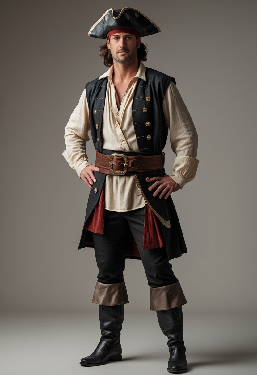 Adult wearing a pirate costume and standing in a studio.