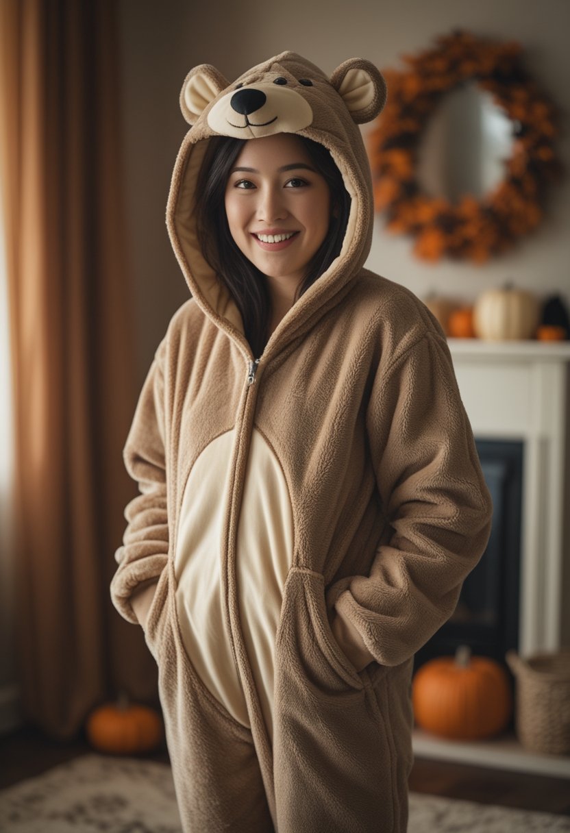 A person wearing a brown animal onesie costume stands indoors in a festive Halloween setting.