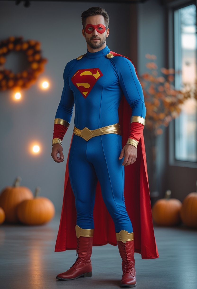 An adult wearing a colorful superhero costume and cape poses indoors among Halloween decorations.