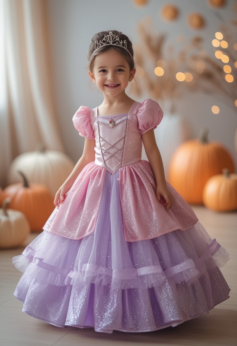 Child wearing a sparkling princess costume and tiara in a warmly decorated room.